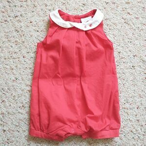 Jacadi Paris Romper Overall Infant Girls 1M Red Snap Cotton Collar Embroidered